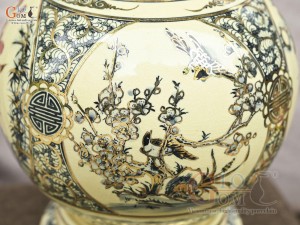 Bình hút lộc men cổ họa tiết Tứ Cảnh Vinh Hoa Phú Quý chữ Phúc vẽ vàng 24k, cao 36cm (cả đế)