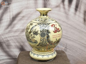 Bình hút lộc men cổ họa tiết Tứ Cảnh Vinh Hoa Phú Quý chữ Phúc vẽ vàng 24k, cao 36cm (cả đế)