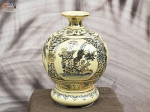 Bình hút lộc men cổ họa tiết Tứ Cảnh Vinh Hoa Phú Quý chữ Phúc vẽ vàng 24k, cao 36cm (cả đế)