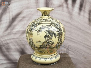 Bình hút lộc men cổ họa tiết Tứ Cảnh Vinh Hoa Phú Quý chữ Phúc vẽ vàng 24k, cao 36cm (cả đế)