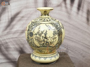 Bình hút lộc men cổ họa tiết Tứ Cảnh Vinh Hoa Phú Quý chữ Phúc vẽ vàng 24k, cao 36cm (cả đế)