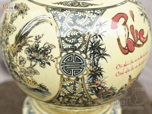 Bình hút lộc men cổ họa tiết Tứ Cảnh Vinh Hoa Phú Quý chữ Phúc vẽ vàng 24k, cao 36cm (cả đế)