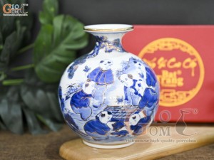Bình hút lộc men dong cổ vẽ Bách Nhi Đồ, vẽ vàng 24k, cao 18cm
