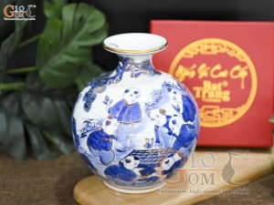 Bình hút lộc men dong cổ vẽ Bách Nhi Đồ, vẽ vàng 24k, cao 18cm