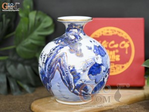 Bình hút lộc men dong cổ vẽ Bách Nhi Đồ, vẽ vàng 24k, cao 18cm