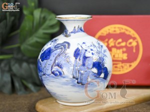 Bình hút lộc men dong cổ vẽ Bách Nhi Đồ, vẽ vàng 24k, cao 18cm