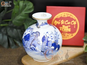 Bình hút lộc men dong cổ vẽ Bách Nhi Đồ, vẽ vàng 24k, cao 18cm