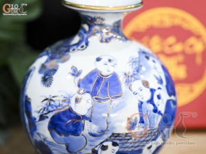 Bình hút lộc men dong cổ vẽ Bách Nhi Đồ, vẽ vàng 24k, cao 18cm