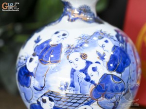 Bình hút lộc men dong cổ vẽ Bách Nhi Đồ, vẽ vàng 24k, cao 18cm