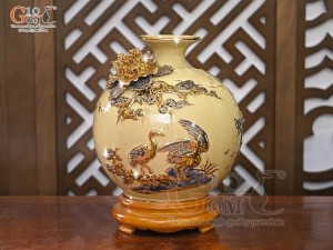 Bình hút lộc men hoàng tộc đắp nổi Thuận Buồm Xuôi Gió vẽ vàng 24k, cao 35cm