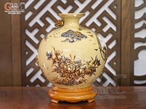 Bình hút lộc men hoàng tộc đắp nổi Thuận Buồm Xuôi Gió vẽ vàng 24k, cao 35cm