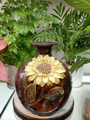 Bình hút lộc men kim sa đắp nổi hoa hướng dương cao 25cm