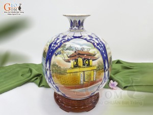 Bình hút lộc men lam cảnh Tứ Trấn Hà Nội vẽ vàng 24k, cao 35cm