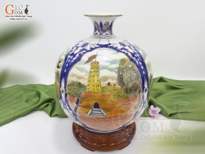 Bình hút lộc men lam cảnh Tứ Trấn Hà Nội vẽ vàng 24k, cao 35cm