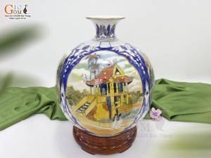 Bình hút lộc men lam cảnh Tứ Trấn Hà Nội vẽ vàng 24k, cao 35cm