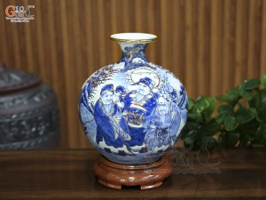 Bình hút lộc men lam cổ cảnh Phúc Lộc Thọ vẽ vàng, cao 25cm
