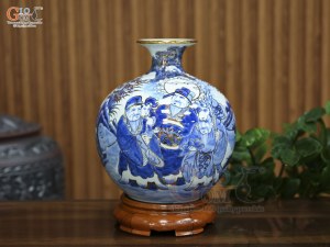Bình hút lộc men lam cổ cảnh Phúc Lộc Thọ vẽ vàng, cao 25cm