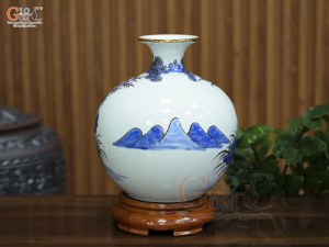 Bình hút lộc men lam cổ cảnh Phúc Lộc Thọ vẽ vàng, cao 25cm