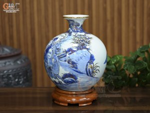 Bình hút lộc men lam cổ cảnh Phúc Lộc Thọ vẽ vàng, cao 25cm
