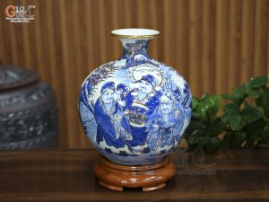 Bình hút lộc men lam cổ cảnh Phúc Lộc Thọ vẽ vàng, cao 25cm