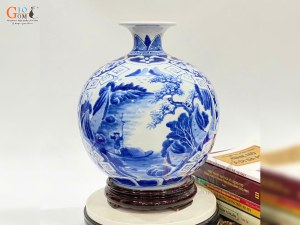 Bình hút lộc men lam cổ vẽ cảnh Sơn Thủy, cao 30cm