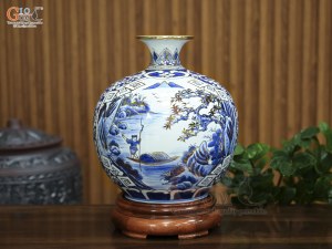 Bình hút lộc men lam cổ vẽ cảnh Sơn Thủy vẽ, cao 30cm