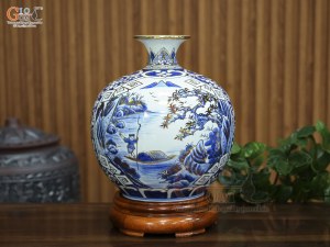 Bình hút lộc men lam cổ vẽ cảnh Sơn Thủy vẽ, cao 30cm