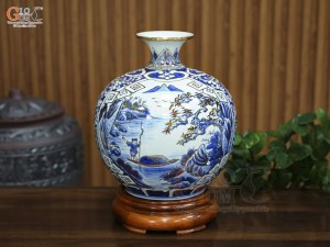 Bình hút lộc men lam cổ vẽ cảnh Sơn Thủy vẽ, cao 30cm