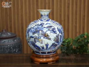 Bình hút lộc men lam cổ vẽ cảnh Sơn Thủy vẽ, cao 30cm