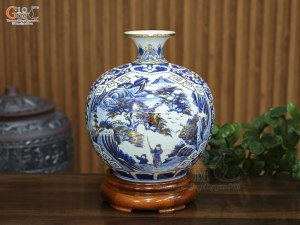 Bình hút lộc men lam cổ vẽ cảnh Sơn Thủy vẽ, cao 30cm