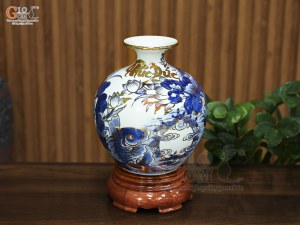 Bình hút lộc men lam cổ vẽ Chép Sen Phúc Đức vẽ vàng, cao 22cm