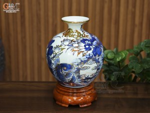 Bình hút lộc men lam cổ vẽ Chép Sen Phúc Đức vẽ vàng, cao 22cm