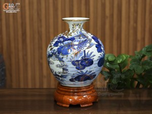 Bình hút lộc men lam cổ vẽ Chép Sen Phúc Đức vẽ vàng, cao 22cm