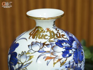 Bình hút lộc men lam cổ vẽ Chép Sen Phúc Đức vẽ vàng, cao 22cm