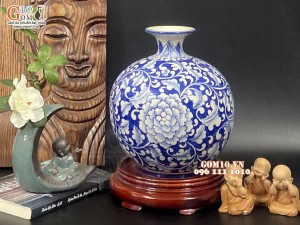 Bình hút lộc men lam cổ vẽ hoa Phù Dung, cao 27cm