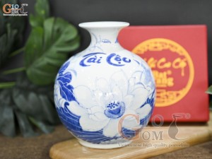 Bình hút lộc men lam cổ vẽ hoa sen cao 16cm