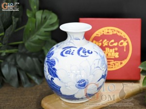 Bình hút lộc men lam cổ vẽ hoa sen cao 16cm