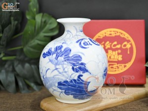 Bình hút lộc men lam cổ vẽ hoa sen cao 16cm