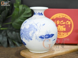 Bình hút lộc men lam cổ vẽ hoa sen cao 16cm