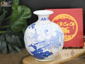 Bình hút lộc men lam cổ vẽ hoa sen cao 16cm