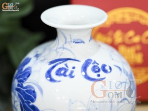 Bình hút lộc men lam cổ vẽ hoa sen cao 16cm