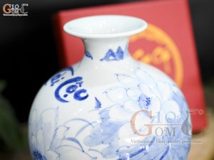 Bình hút lộc men lam cổ vẽ hoa sen cao 16cm