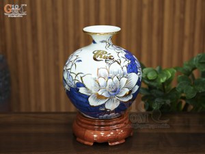 Bình hút lộc men lam cổ vẽ hoa Sen chữ Phúc vẽ vàng, cao 22cm