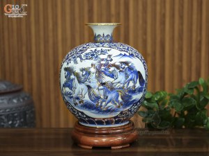 Bình hút lộc men lam cổ vẽ Nhị cảnh Mã Đáo Thành Công & Thuận Buồm Xuôi Gió vẽ vàng, cao 30cm