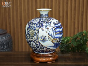 Bình hút lộc men lam cổ vẽ Nhị cảnh Mã Đáo Thành Công & Thuận Buồm Xuôi Gió vẽ vàng, cao 30cm