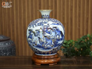 Bình hút lộc men lam cổ vẽ Nhị cảnh Mã Đáo Thành Công & Thuận Buồm Xuôi Gió vẽ vàng, cao 30cm