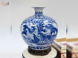 Bình hút lộc men lam cổ vẽ Nhị cảnh Mã Đáo Thành Công & Thuận Buồm Xuôi Gió, cao 30cm