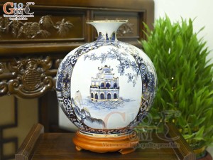 Bình hút lộc men lam họa tiết Tứ Cảnh Hà Nội vẽ vàng 24k, cao 30cm
