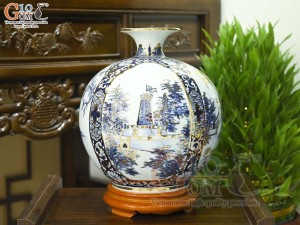 Bình hút lộc men lam họa tiết Tứ Cảnh Hà Nội vẽ vàng 24k, cao 30cm