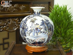 Bình hút lộc men lam họa tiết Tứ Cảnh Hà Nội vẽ vàng 24k, cao 30cm